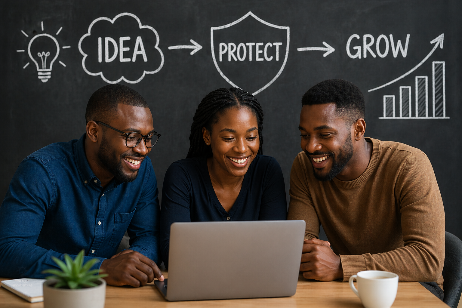 Young entrepreneur attending an online intellectual property webinar and taking notes on a laptop